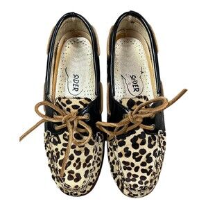 Sperry Top Sider 2-Eye Boat Shoe  Women's 6.5  Black Patent & Cheetah Leather